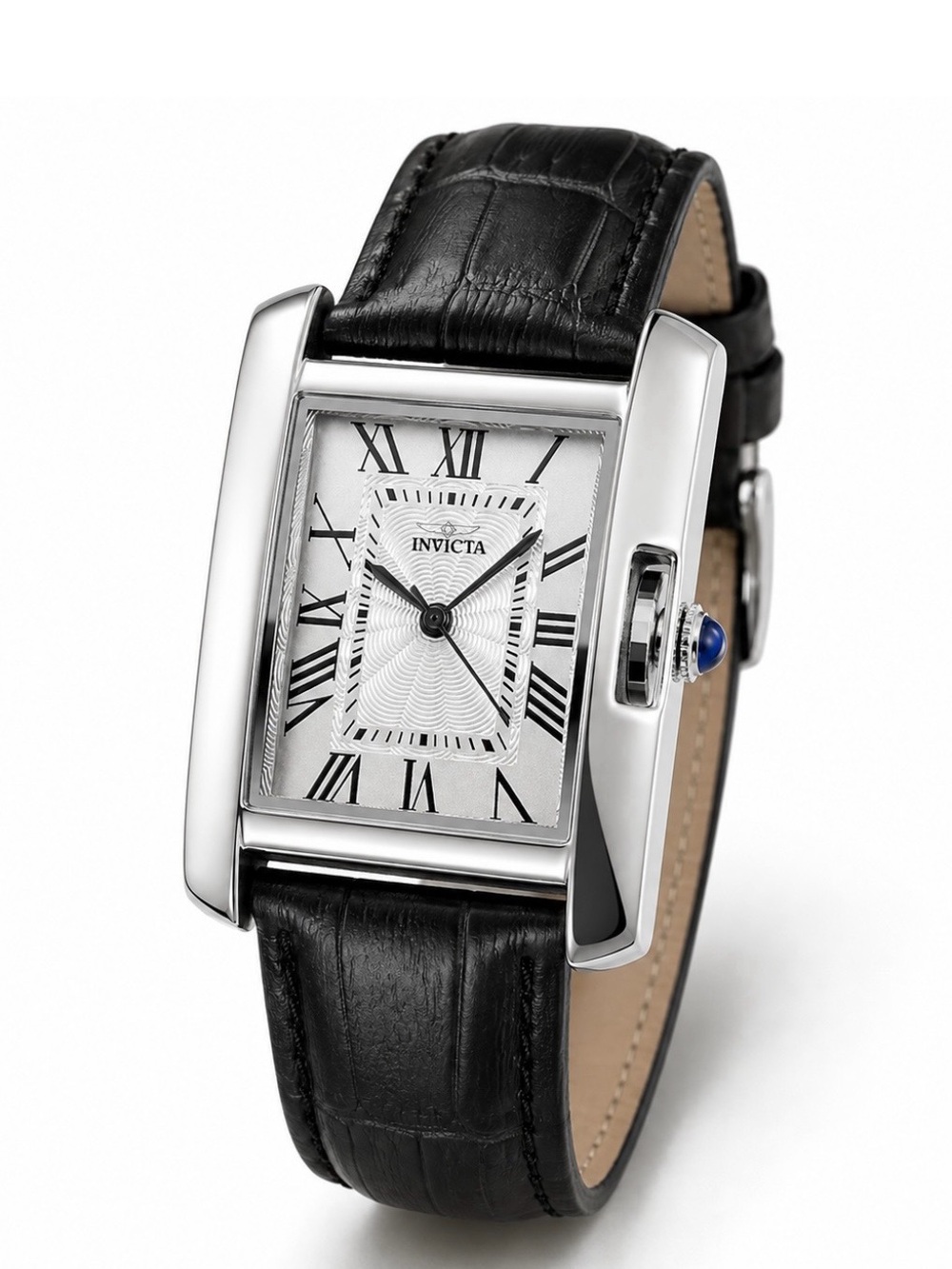 Invicta Women's Silver Rectangular Case Black Leather Strap Roman Numeral Watch